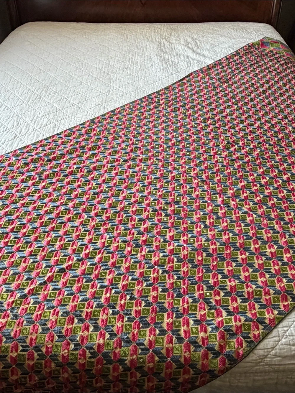 Vintage Embroidered Bed Runner Bed Scarf 37x92 Sequin Boho Textile Decor